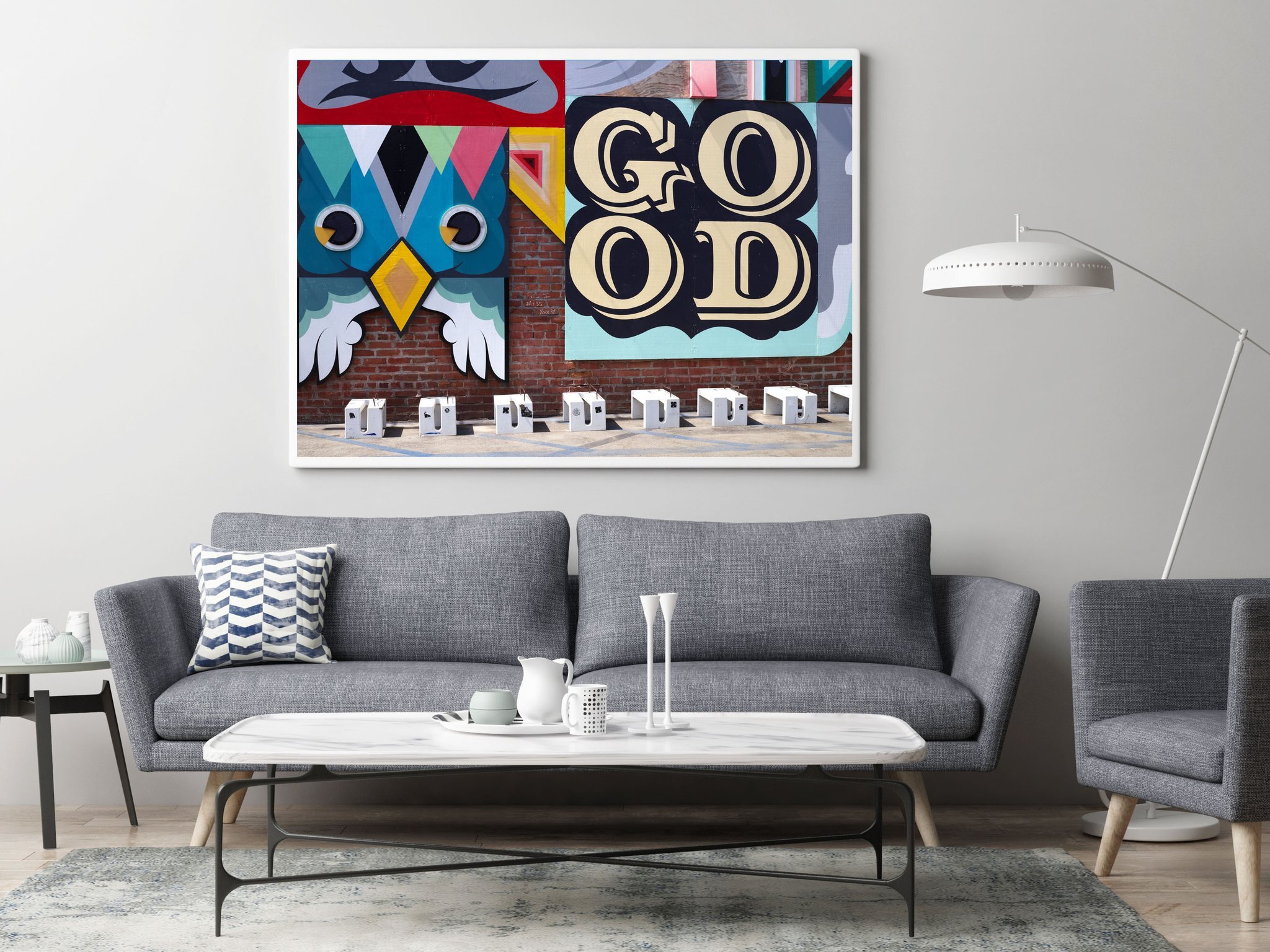 Mock up poster in hipster living room background